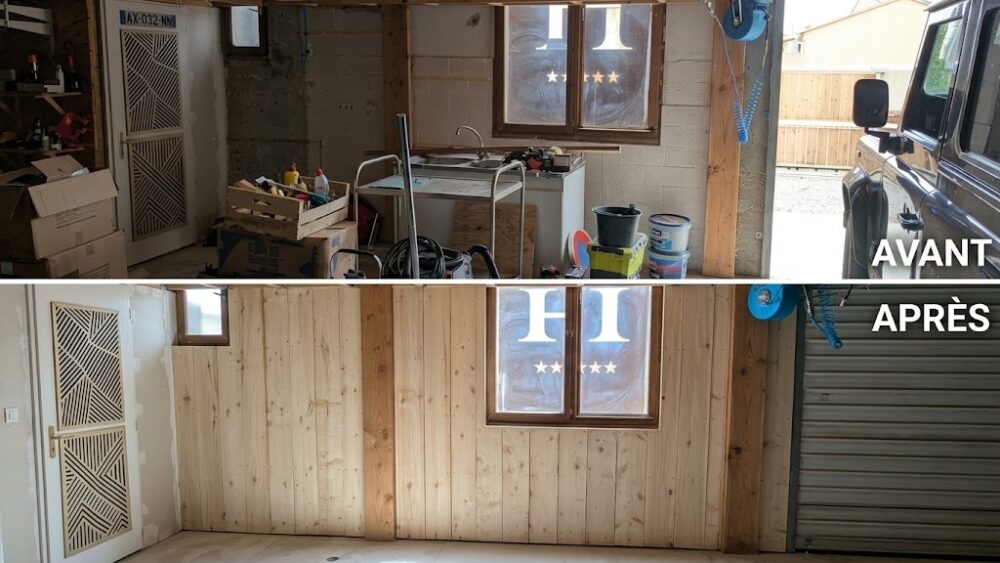 Avant et après la pose d’un bardage bois intérieur dans un garage à Gruissan