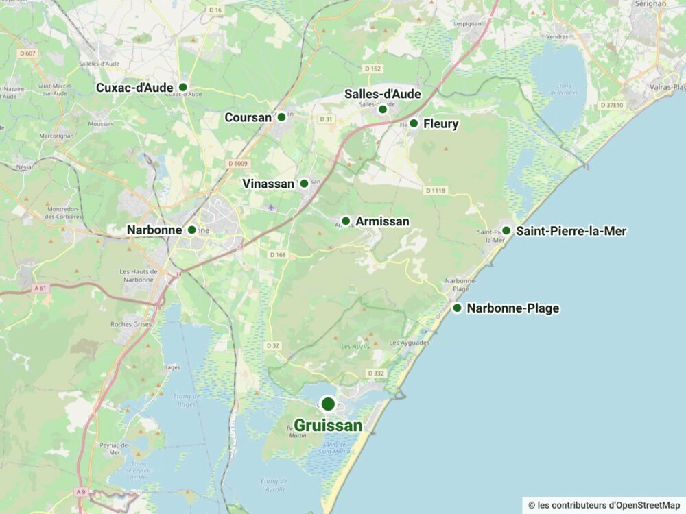 Carte de la zone d'intervention : Gruissan, Narbonne, Narbonne-Plage, Saint-Pierre-la-Mer, Fleury, Armissan, Vinassan, Coursan, Cuxac-d'Aude et Salles-d'Aude